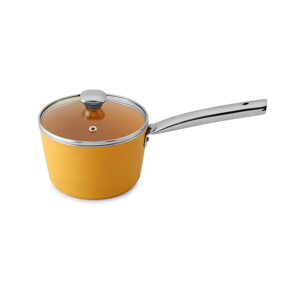 Salford Forged Ceramic Non-stick Saucepan With Glass Lid & Tubular Ss Handle | Mustard Yellow | 160mm | 1.75 Litre