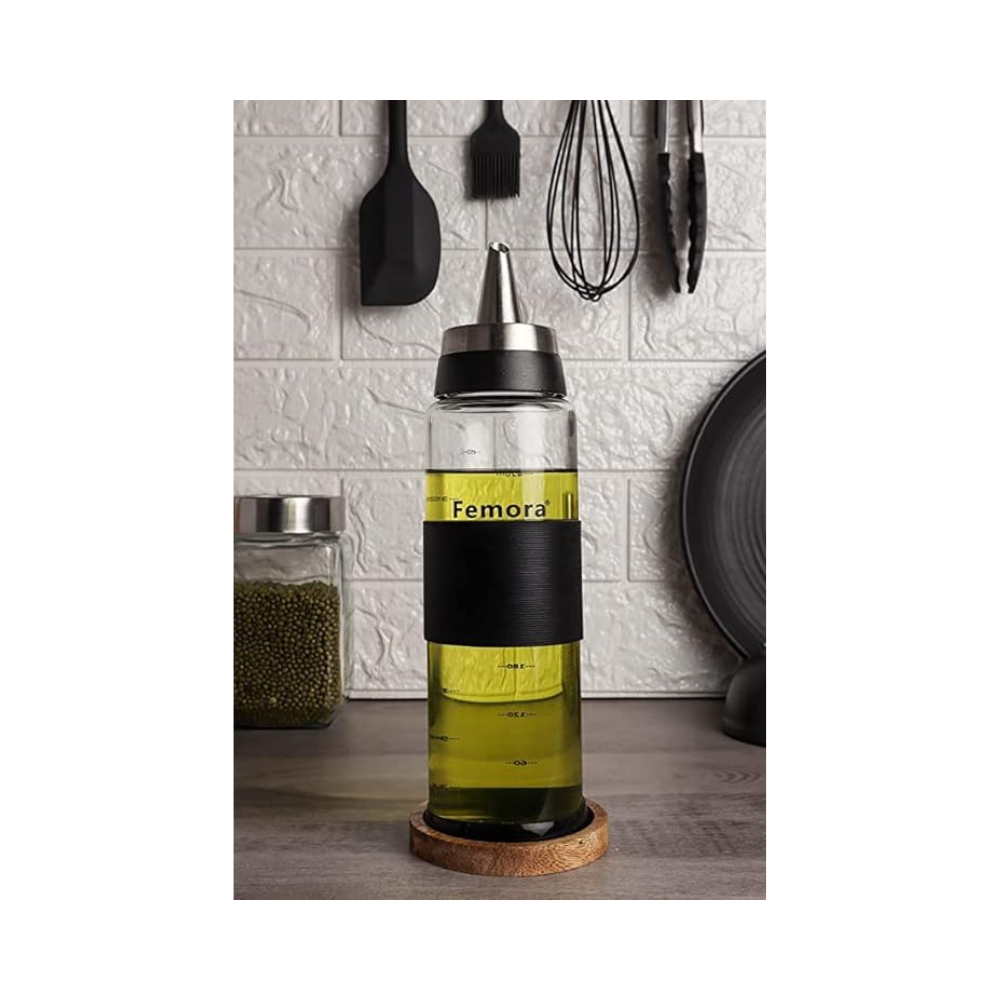 Femora Borosilicate Glass Leak Proof Oil Dispenser for Cooking With Stainless Steel Metallic Lid | 500 Ml