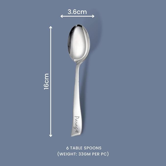 Parage 6 Pieces Stainless Steel Spoons Set, Dinner Spoon Length 16cm, Food Grade Silverware for Home & Kitchen