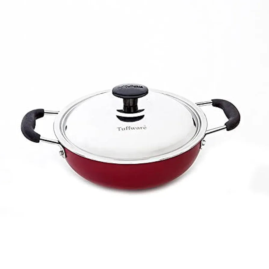 Tuffware Non-Stick Aluminium Deep Kadai With Stainless Steel Lid, 3 Liters, 3mm Thick, PFOA Free