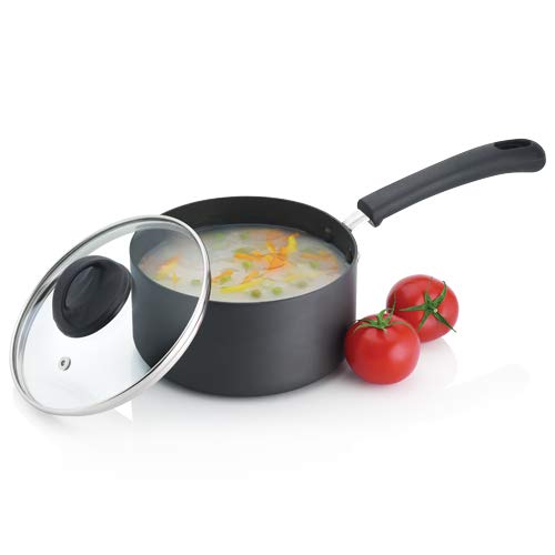 Premier Trendy Black Non-Stick Sauce Pan with Glass Lid 18cm - 874 gms