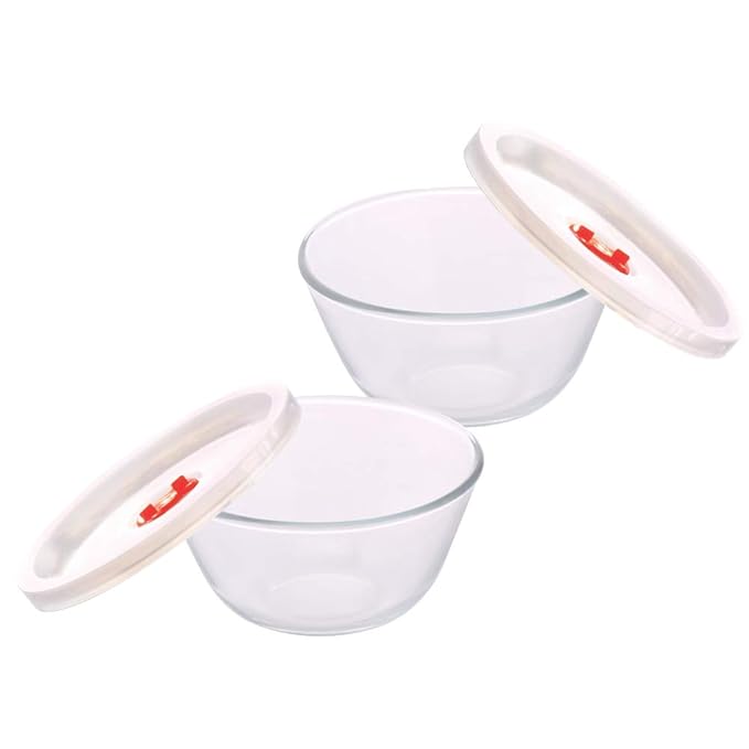 Borosil Serving & Mixing Bowl with Lid | Set of 2 (500ml Each) | Borosilicate Glass Bowl for Kitchen & Dinning