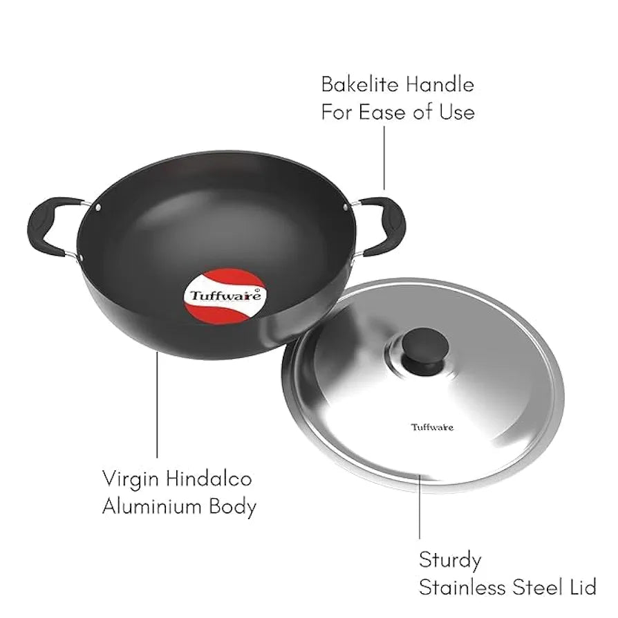 TUFFWARE Hard Anodised Aluminium Deep Non Stick Kadhai With Stainless Steel LId, Black | 22cm Dia | 2.5 Liters | Kadai/Pot for Cooking | Heat-Resistant Bakelite Handles | 1 Year Warranty
