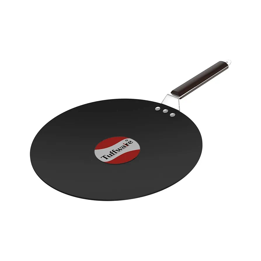 TUFFWARE Hard Anodised Punjabi Tawa 25cm for Roti/Paratha/Chapati Tawa, Wooden Handle, Metal Spoon/Tool Friendly, Even Heat Distribution, 4mm Thickness, Gas Compatible, Black, 1 Year Warranty