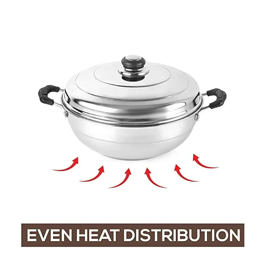 Cello Stainless Steel Induction Base Idli Cooker and Multi Kadhai Set of 6, Silver, 5 Liter | Compatible with Gas Stove & Induction | Ideal for Dhokla, Patra, Idli and Momos
