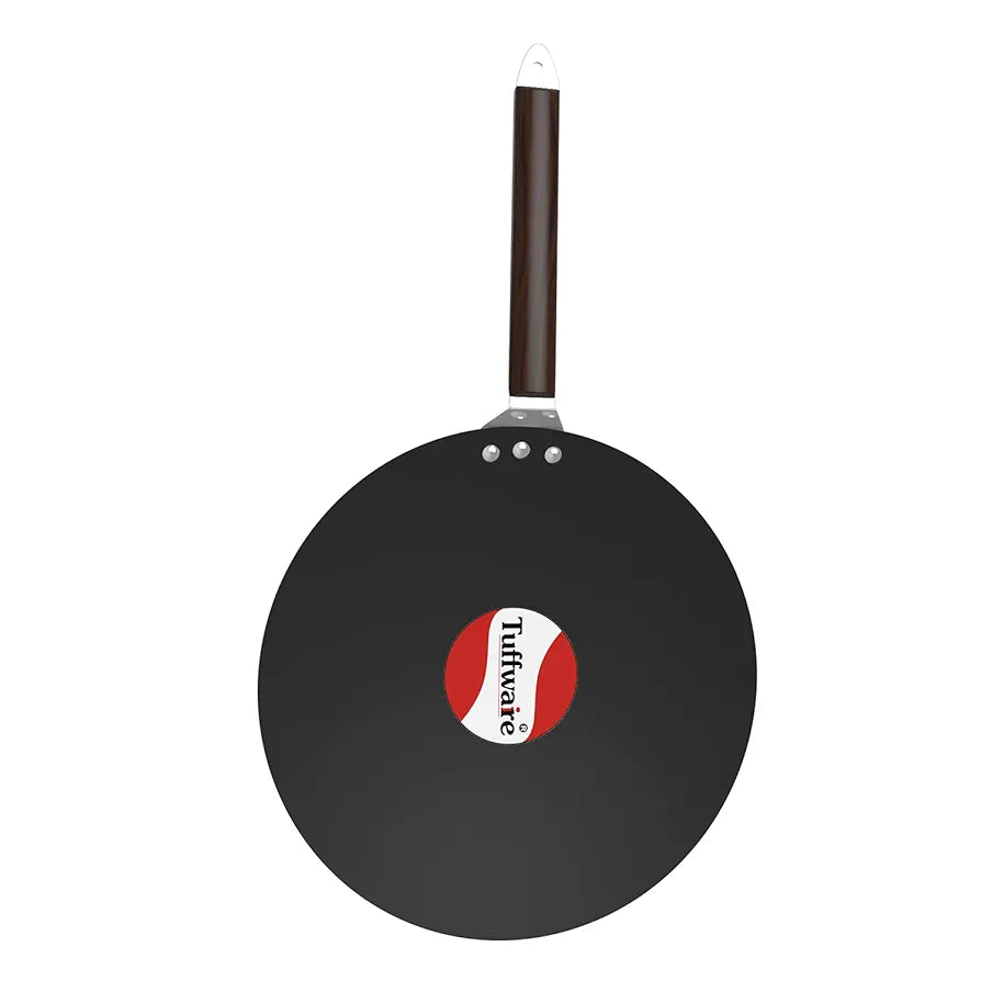 TUFFWARE Hard Anodised Punjabi Tawa 25cm for Roti/Paratha/Chapati Tawa, Wooden Handle, Metal Spoon/Tool Friendly, Even Heat Distribution, 4mm Thickness, Gas Compatible, Black, 1 Year Warranty