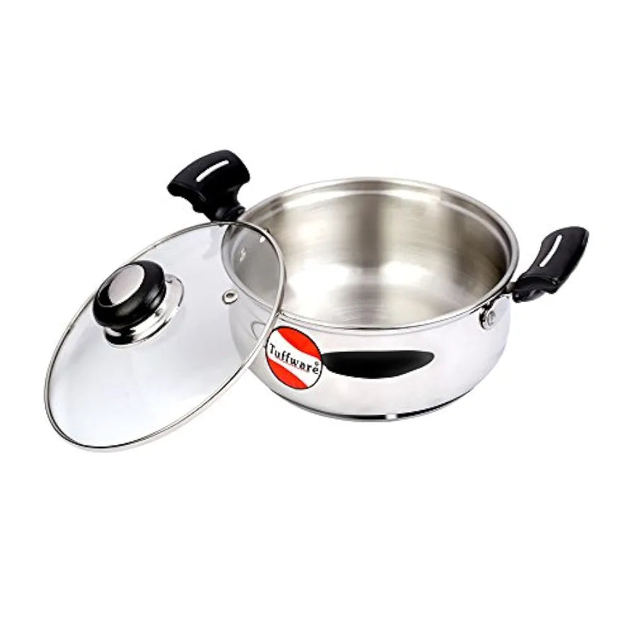 Tuffwaire Stainless Steel Beely Casserole with Glass Lid 1.5 Litre, 16 Inch | 2.6mm Thick Base |Briyani Pot Handi Shaped/Casserole | Sturdy Riveted Handle, Indcution Bottom