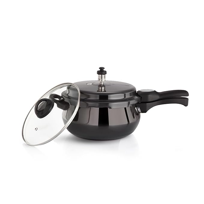 Premier Cucina Trendy Black Hard Anodized Induction Bottom Handi Pressure Cooker 1.5 Liter With Glass Lid - 1520 gms