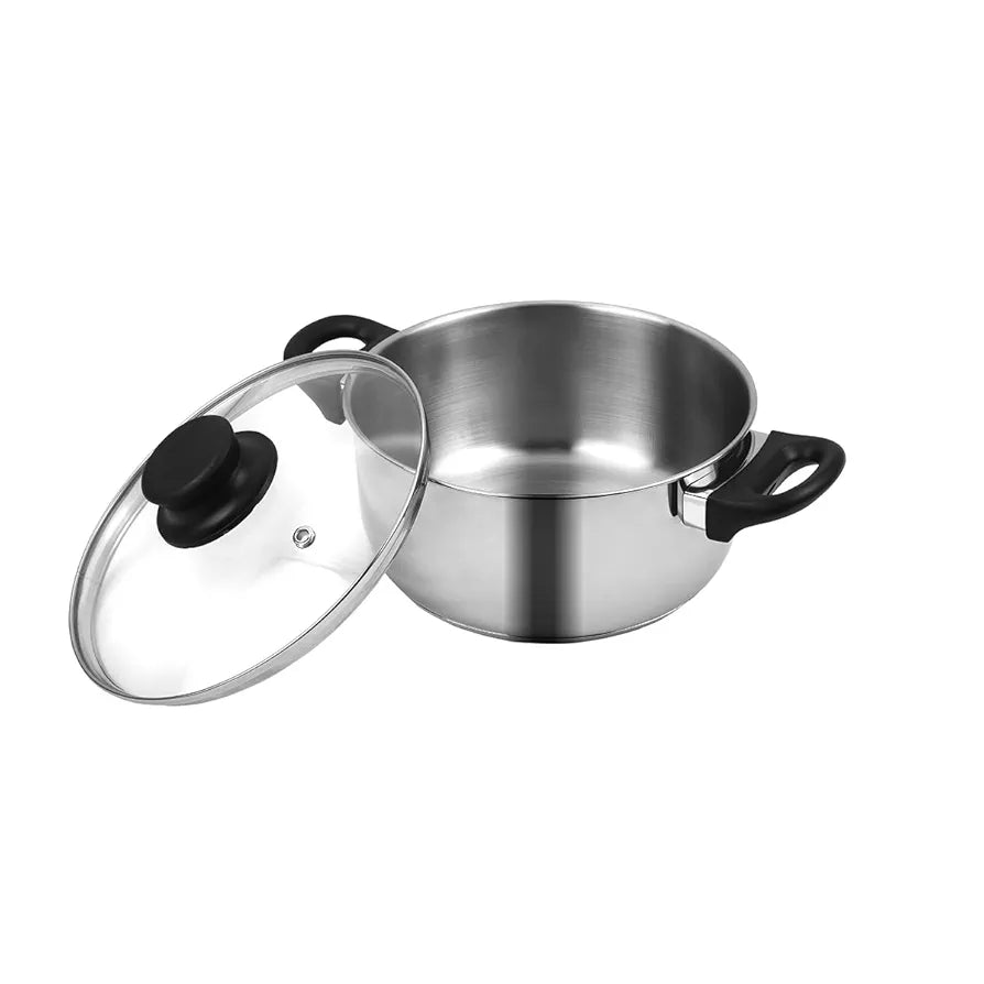 Tuffwaire Stainless Steel Conical Casserole with Glass Lid 2 Litre, 18 Inch | 2.6mm Thick Base |Briyani Pot Handi Shaped/Casserole | Sturdy Riveted Handle, Indcution Bottom