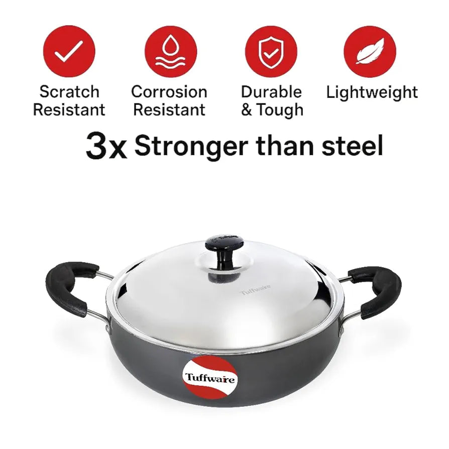 TUFFWARE Hard Anodised Aluminium Deep Non Stick Kadhai With Stainless Steel LId, Black | 22cm Dia | 2.5 Liters | Kadai/Pot for Cooking | Heat-Resistant Bakelite Handles | 1 Year Warranty