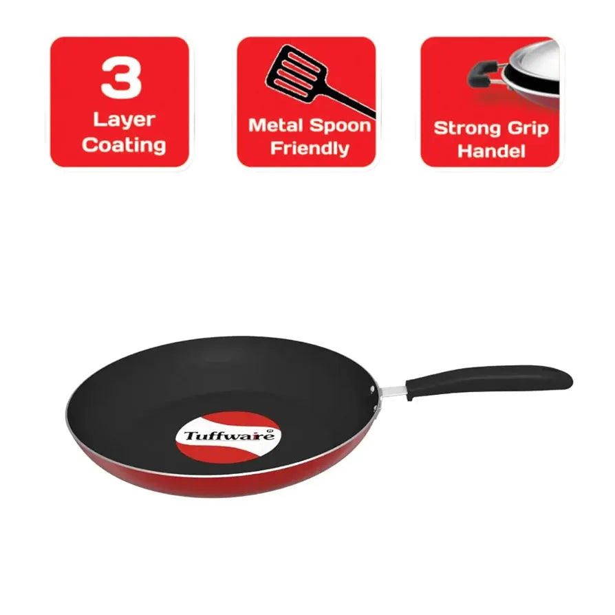 Tuffwaire Aluminium Non Stick Frypan - 19.5 cm | 3mm Extra Thick | 3 Layer Greblon Coating | Metal Spoon Friendly | Gas Stove| 1 Year Warranty - Red