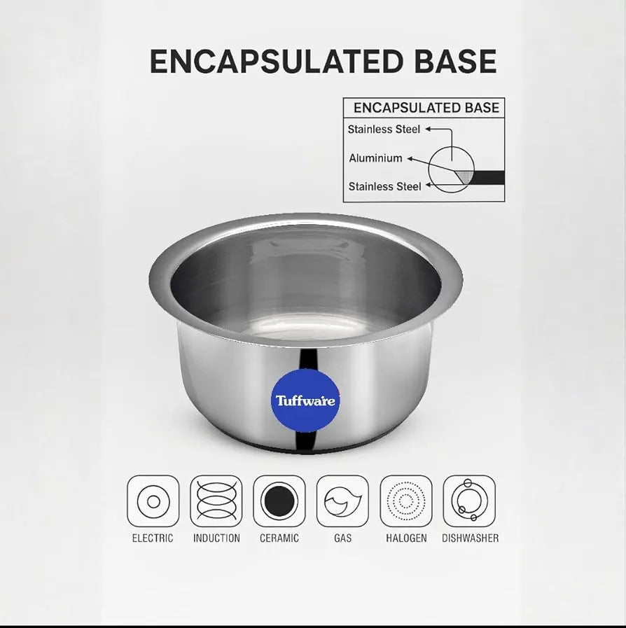 Tuffwaire Stainless Steel Round Induction Bottom Cooking Tope | Food-Grade Stainless Steel | 13cm Dia | 18G |1.5mm Thickness | 1.1 Litre Capacity | Rust-Resistant & Long-Lasting