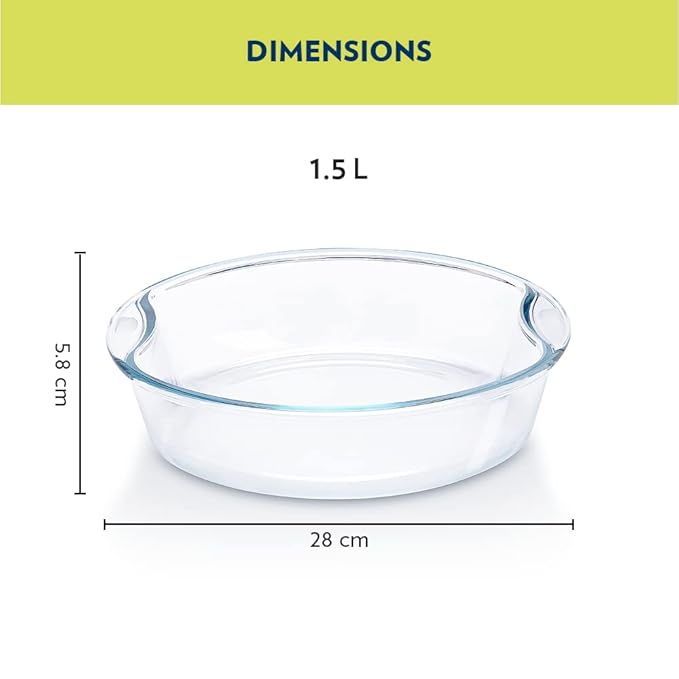 Borosil Round Glass Baking Dish | 1.5 Litres | Microwave Safe & Oven Safe | Transparent | 1 Piece of Round Baking Dish