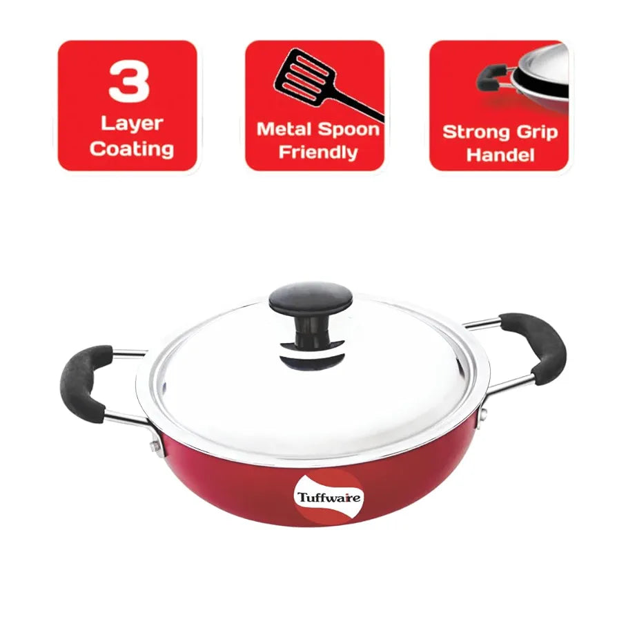Tuffware Non-Stick Deep Kadai with Stainless Steel Lid,Induction Base, 2.5 Liters, 3mm Thick, PFOA Free, 3 Layer Greblon Coating | 1 Year Warranty