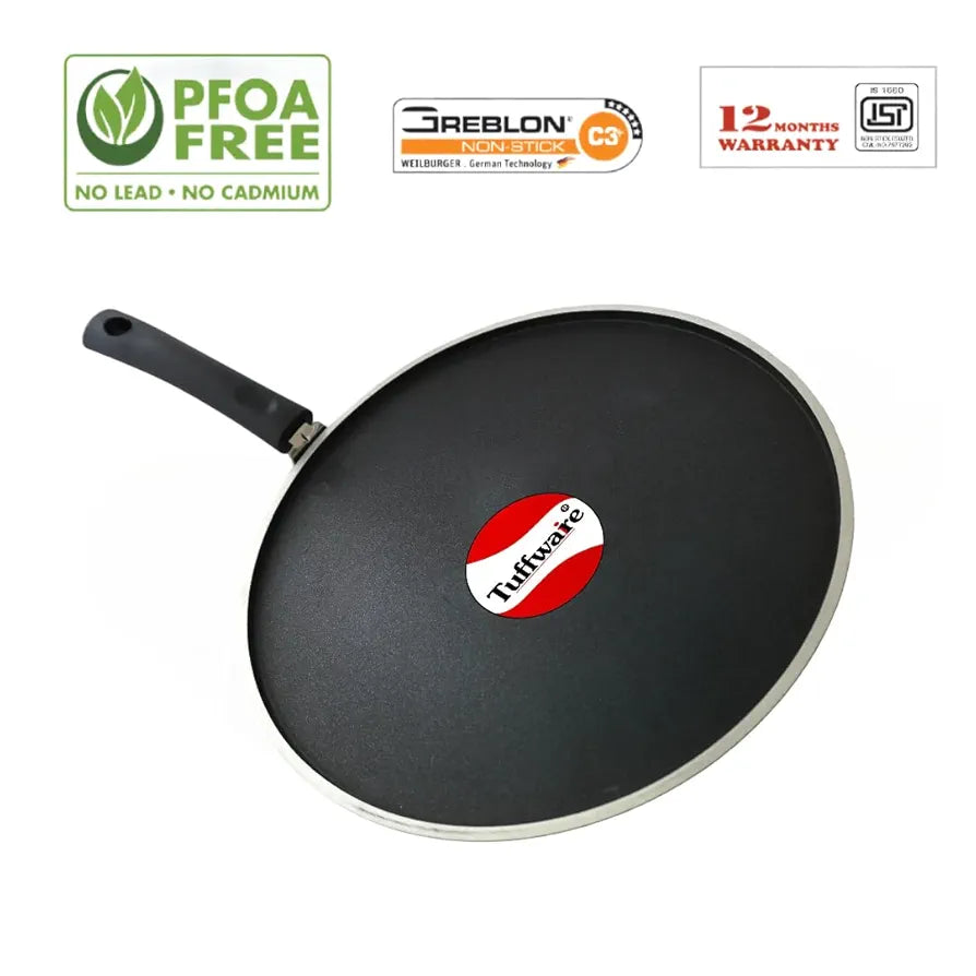 Tuffware Aluminium Non Stick Dosa Tawa - 28 cm | Flat Bottom Tawa | 5 mm Extra Thick | 3 Layer Non Stick Coating | Metal Spoon Friendly | Gas Base - 1 Year Warranty