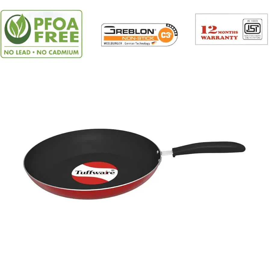 Tuffwaire Aluminium Non Stick Frypan - 19.5 cm | 3mm Extra Thick | 3 Layer Greblon Coating | Metal Spoon Friendly | Gas Stove| 1 Year Warranty - Red