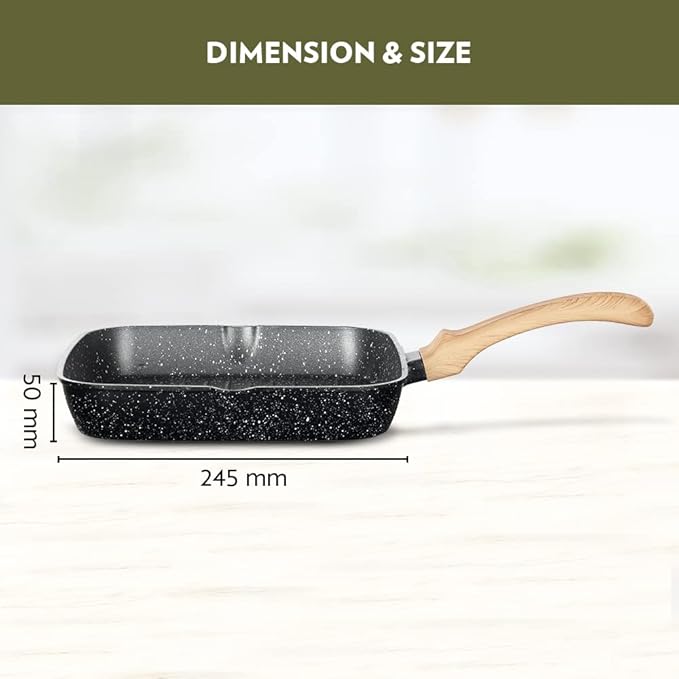 Borosil Vajra Die-cast Non-stick Aluminium Square Grill Fry Pan | Frying Pan With Ridges | Black With Wood-finish Handles | 240 Mm Wide | 5 Mm Thick