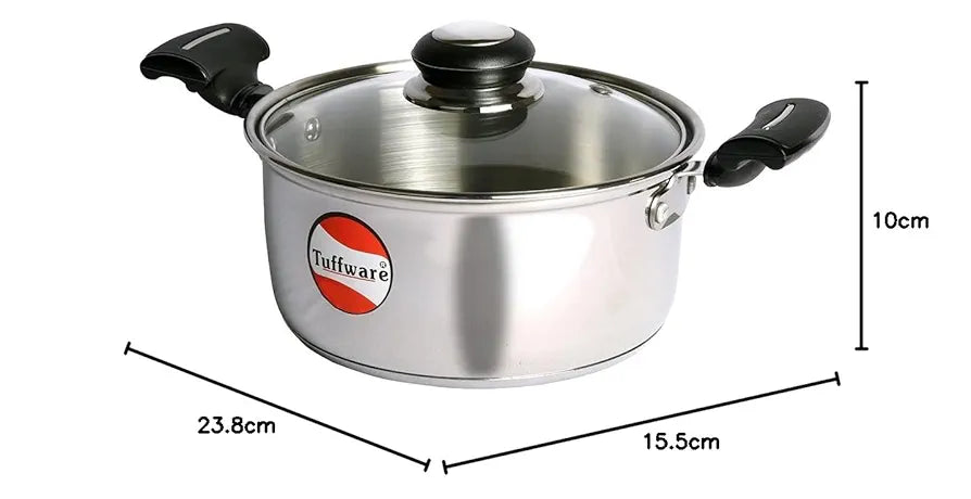 Tuffwaire Stainless Steel Casserole with Glass Lid 1 Litre, 14 Inch | 2.6mm Thick Base |Briyani Pot Handi Shaped/Casserole | Sturdy Riveted Handle, Indcution Bottom