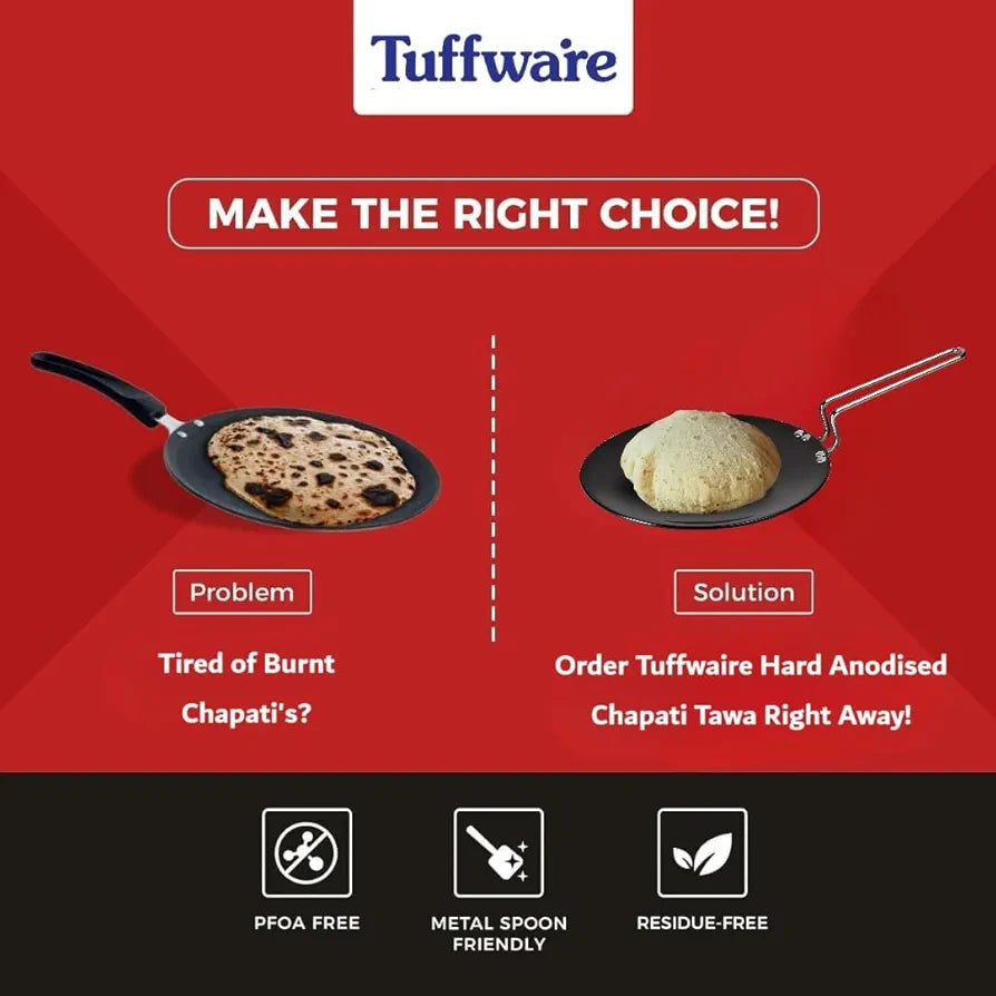 TUFFWARE Starware Hard Anodised 25cm Roti/Paratha/Phulka/Chapati Tawa, Wire Handle, Metal Spoon/Tool Friendly, Durable, Even Heat Distribution, 3mm Thickness