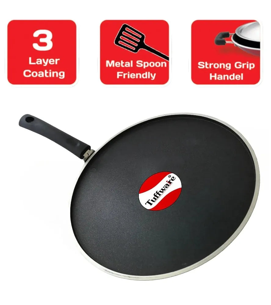 Tuffware Aluminium Non Stick Dosa Tawa - 28 cm | Flat Bottom Tawa | 5 mm Extra Thick | 3 Layer Non Stick Coating | Metal Spoon Friendly | Gas Base - 1 Year Warranty