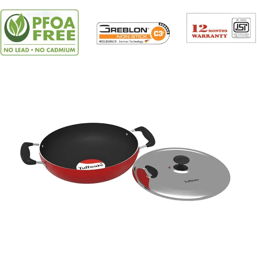Tuffware Non-Stick Deep Kadai with Stainless Steel Lid,Induction Base, 3 Liters, 3mm Thick, PFOA Free, 3 Layer Greblon Coating | 1 Year Warranty