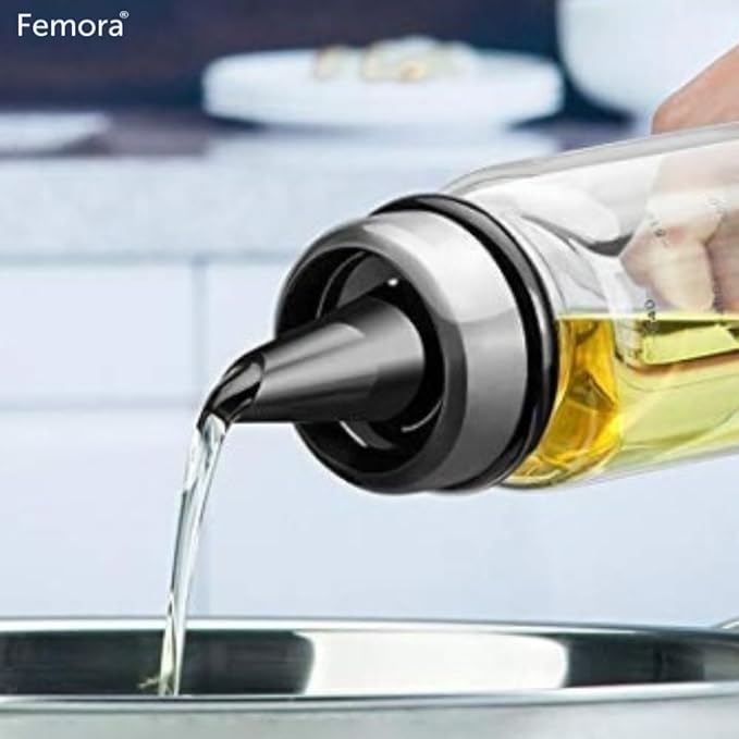 Femora Borosilicate Glass Leak Proof Oil Dispenser for Cooking With Stainless Steel Metallic Lid | 500 Ml