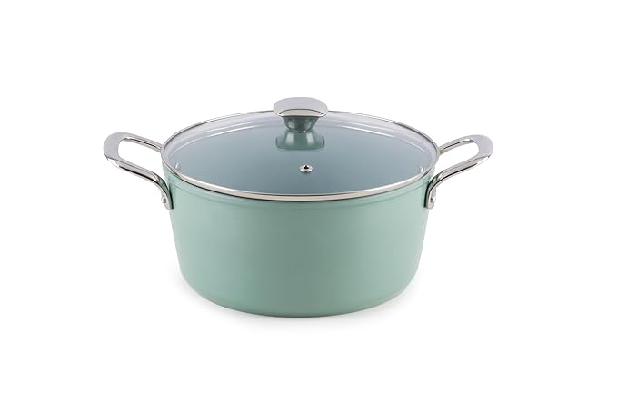 Salford Forged Ceramic Casserole With Glass Lid & Tubular Ss Handle | Induction & Gas Ready | Green | 240mm | 4.4 Litre