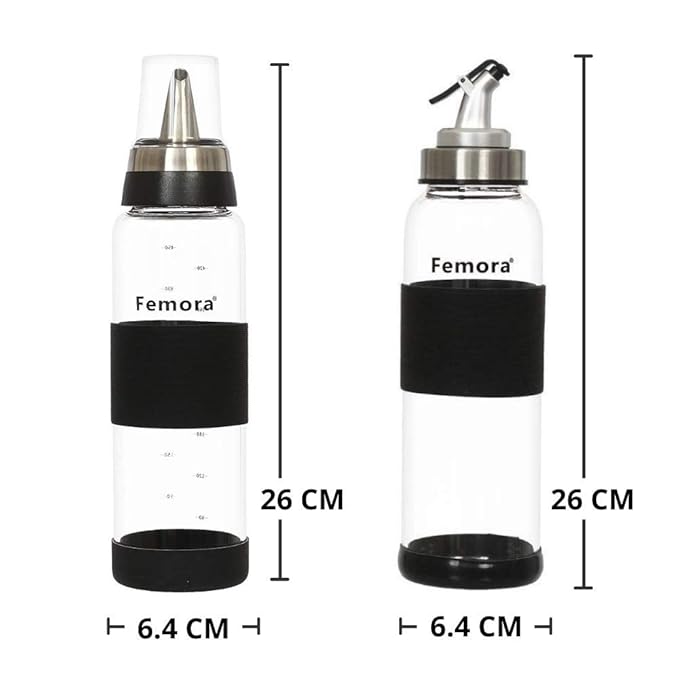 Femora Borosilicate Glass Oil Dispenser | 500ml | Set of 2 | Silver