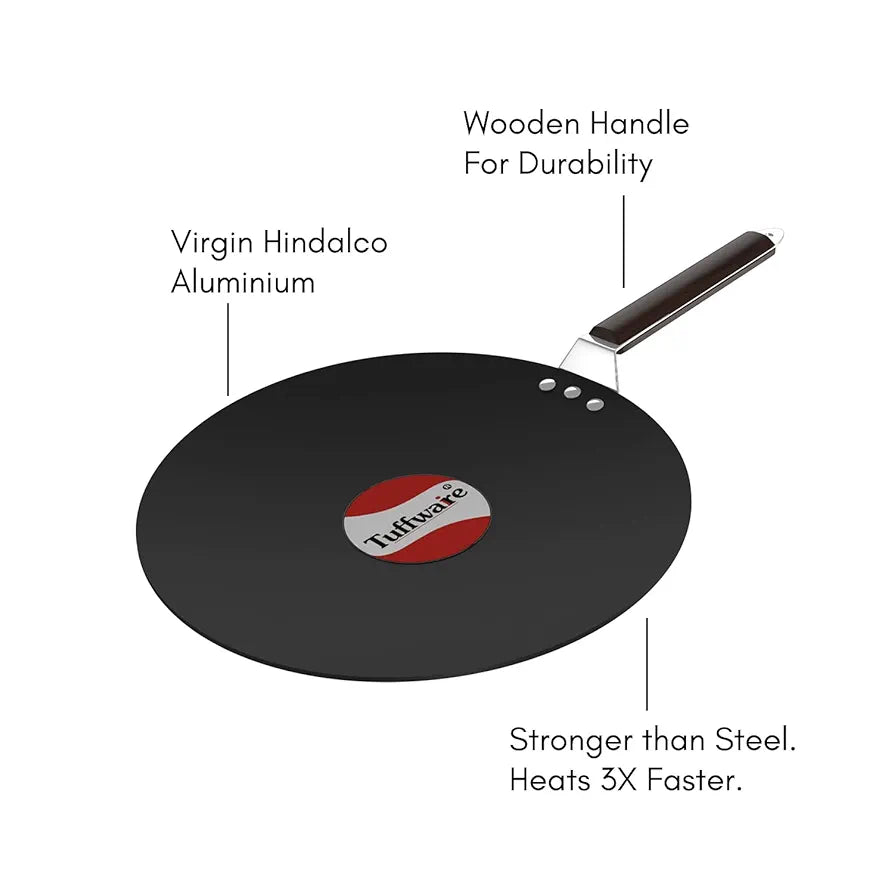 TUFFWARE Hard Anodised Punjabi Tawa 25cm for Roti/Paratha/Chapati Tawa, Wooden Handle, Metal Spoon/Tool Friendly, Even Heat Distribution, 4mm Thickness, Gas Compatible, Black, 1 Year Warranty