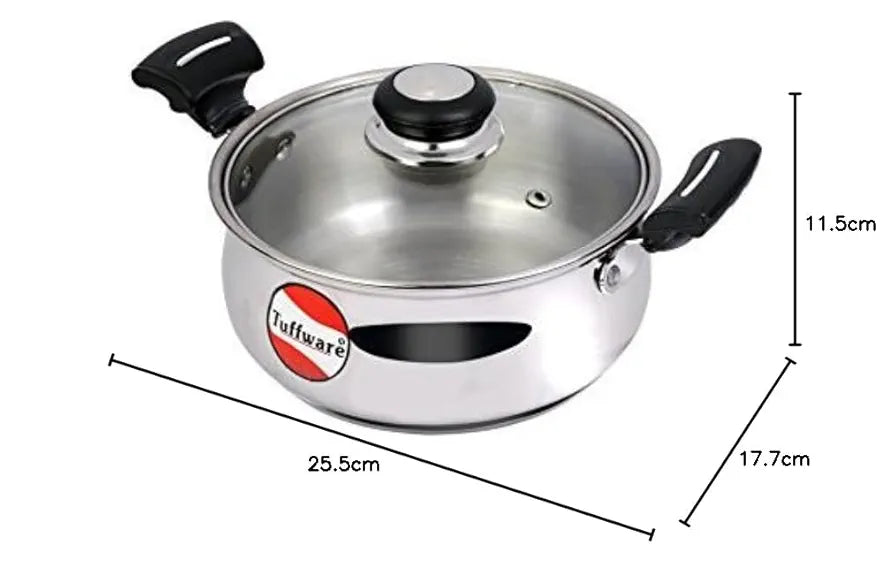 Tuffwaire Stainless Steel Beely Casserole with Glass Lid 1.5 Litre, 16 Inch | 2.6mm Thick Base |Briyani Pot Handi Shaped/Casserole | Sturdy Riveted Handle, Indcution Bottom