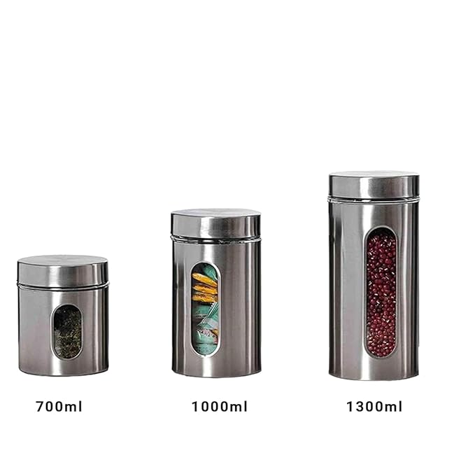 Femora Kitchen Storage Jars Steel Body With See Through Window Jar | 700 Ml | Pack of 6