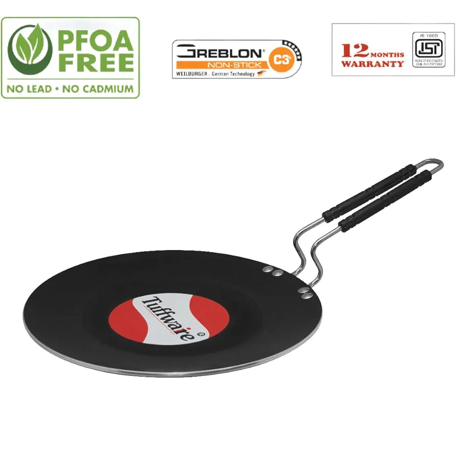 Tuffwaire Non Stick Flat Multi Tawa for Roti Chappati, Pratha, Dosa, Uthapam - 30 cm | 4mm Thick | 3 Layer Greblon Coating | Metal Spoon Friendly | Induction & Gas Base | 1 Year Warranty