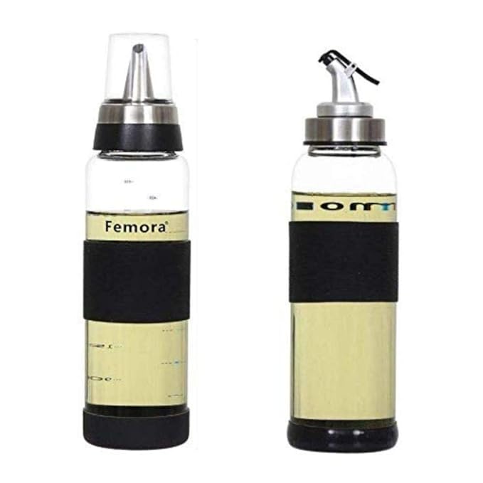 Femora Borosilicate Glass Oil Dispenser | 500ml | Set of 2 | Silver