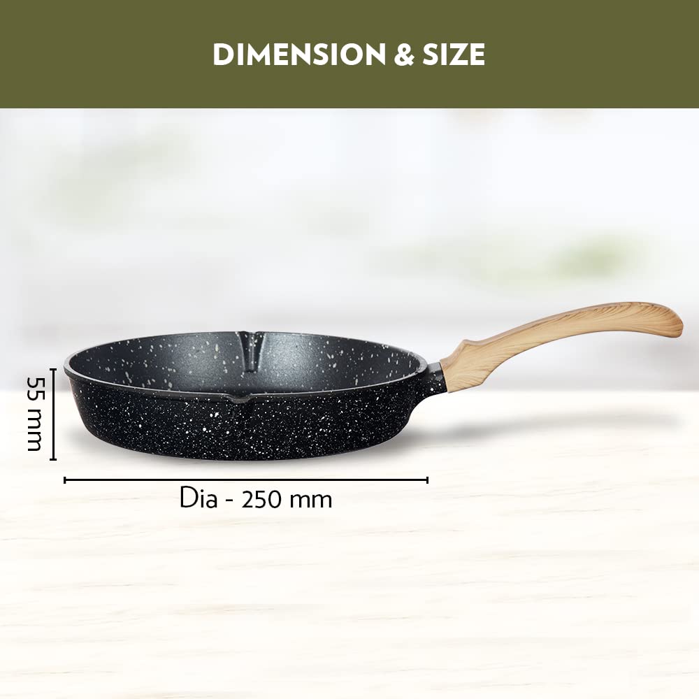 Borosil Vajra Die-cast Non-stick Aluminium Round Grill Fry Pan | Frying Pan With Ridges | Black With Wood-finish Handles | 240 Mm Wide | 5 Mm Thick