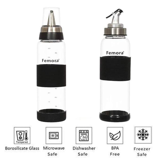 Femora Borosilicate Glass Oil Dispenser | 500ml | Set of 2 | Silver