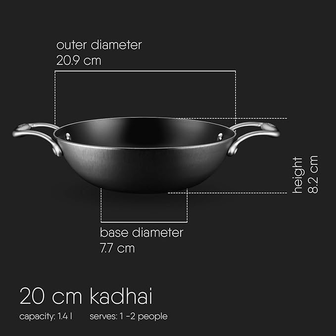 Stahl Blacksmith Plus Cast Iron Kadhai | Light Weight Iron Kadai | Nitrided Kadai for Cooking | 1.3 L | 20 Cm