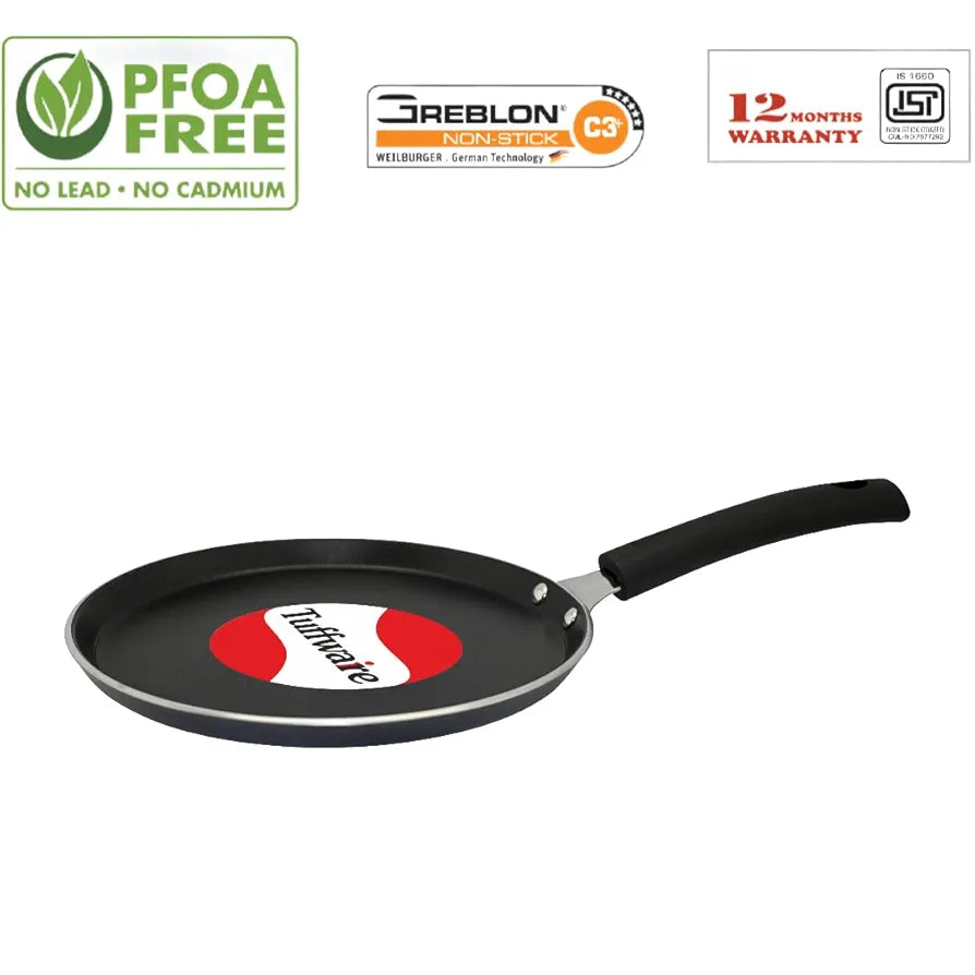TUFFWARE Aluminium Non Stick Dosa Tawa - 26 cm | Flat Bottom Tawa | 3 mm Extra Thick | 3 Layer Non Stick Greblon Coating | Metal Spoon Friendly | Indcution & Gas Base | 1 Year Warranty
