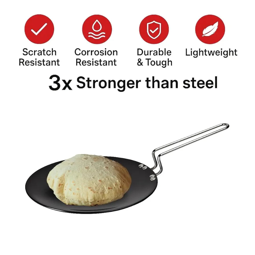 TUFFWARE Starware Hard Anodised 25cm Roti/Paratha/Phulka/Chapati Tawa, Wire Handle, Metal Spoon/Tool Friendly, Durable, Even Heat Distribution, 3mm Thickness