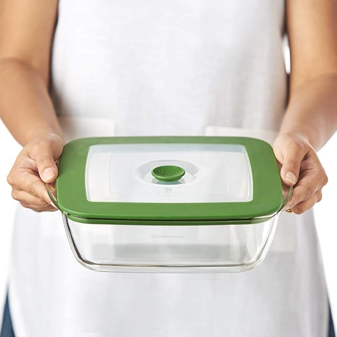 Borosil Microwave Safe and Oven Safe Square Glass Baking Dish With Green Lid | 1 Count | Transparent | 2200 Milliliter