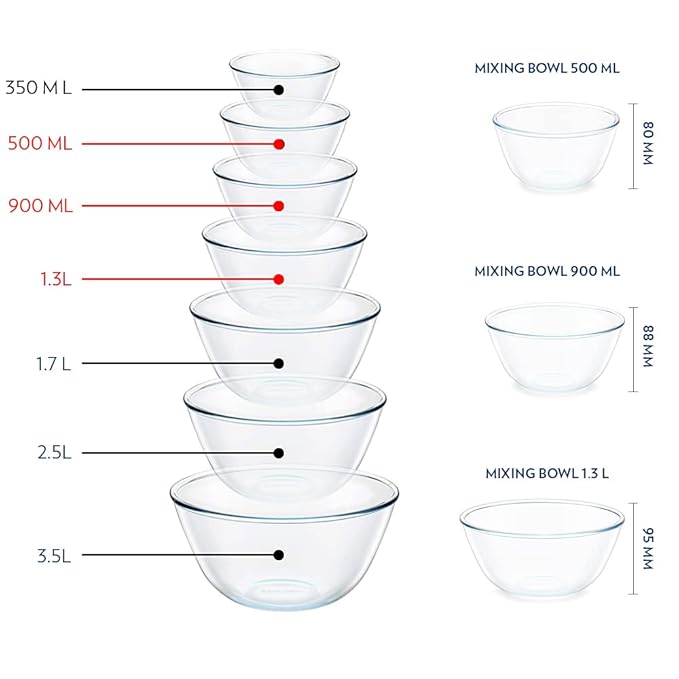 Borosil Select Serving & Mixing Bowl | Set of 3 (500ml + 900ml + 1.3L) | Borosilicate Glass Bowl for Kitchen & Dinning