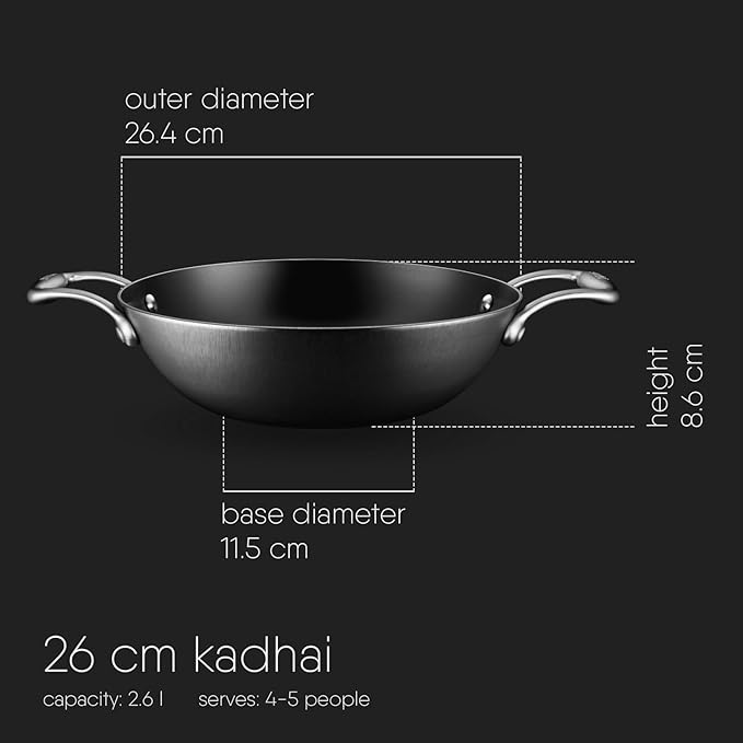 Stahl Blacksmith Plus Cast Iron Kadhai | Light Weight Iron Kadai | Nitrided Kadai for Cooking | 2.4 L | 26 Cm