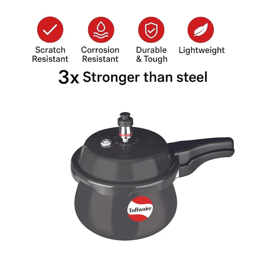 TUFFWARE Hard Anodised 6.5 Litre Outer Lid Handi Shape Pressure Cooker | 4mm Thick Base | Non Reactive, Non Toxic &Non Staining Food Grade | Long Lasting Gasket | BIS & ISI Certified | 5 Year Warranty