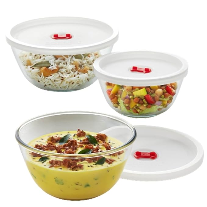 Borosil Glass Serving & Mixing Bowls With Lids | Oven & Microwave Safe Bowls | Set of 3