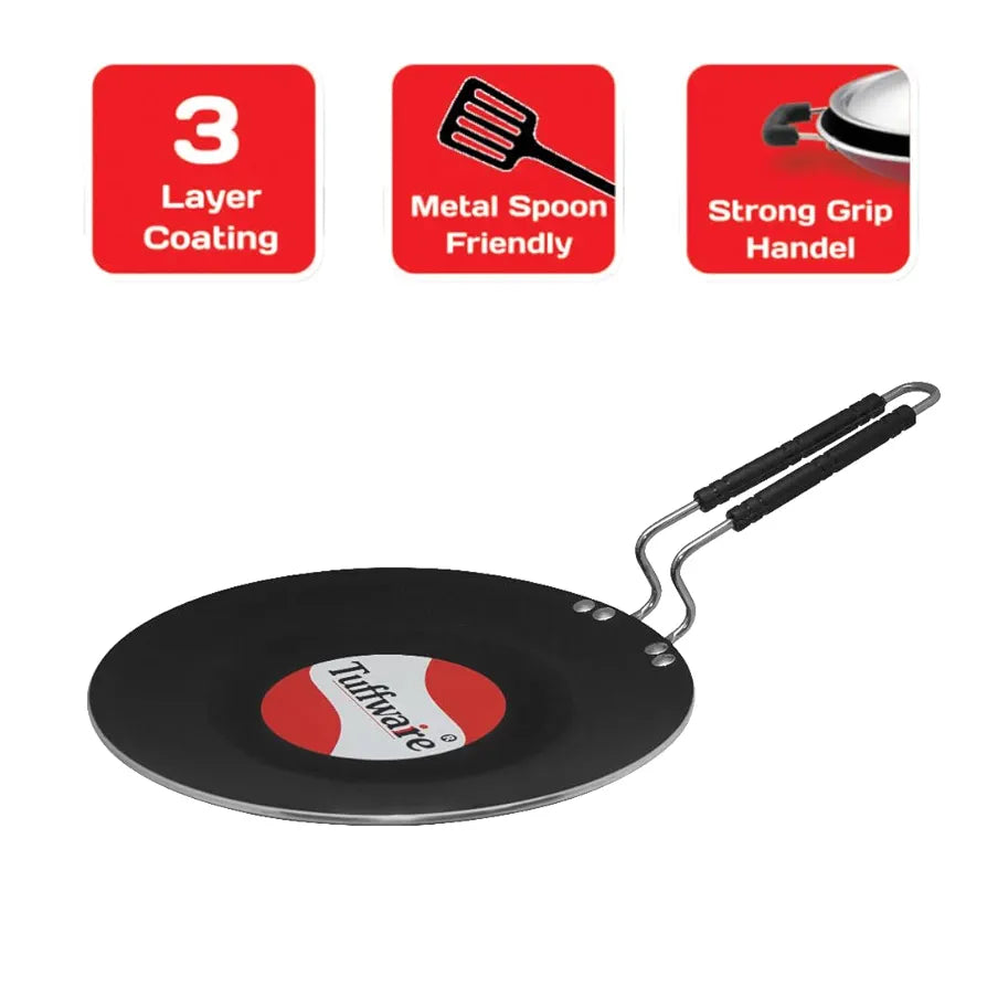 Tuffwaire Non Stick Flat Multi Tawa for Roti Chappati, Pratha, Dosa, Uthapam - 30 cm | 4mm Thick | 3 Layer Greblon Coating | Metal Spoon Friendly | Induction & Gas Base | 1 Year Warranty