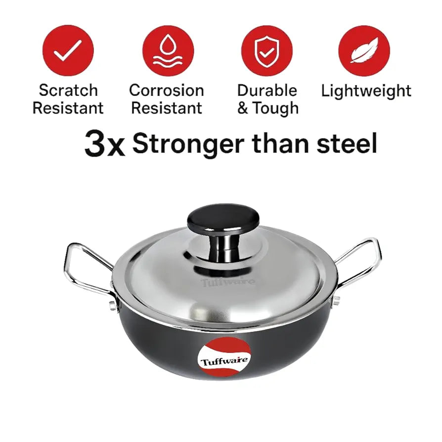 TUFFWARE Hard Anodised Aluminium Deep Non Stick Kadhai With Stainless Steel LId, Black | 14 cm Dia | 0.65 Liters | Kadai/Pot for Cooking | Heat-Resistant Bakelite Handles | 1 Year Warranty