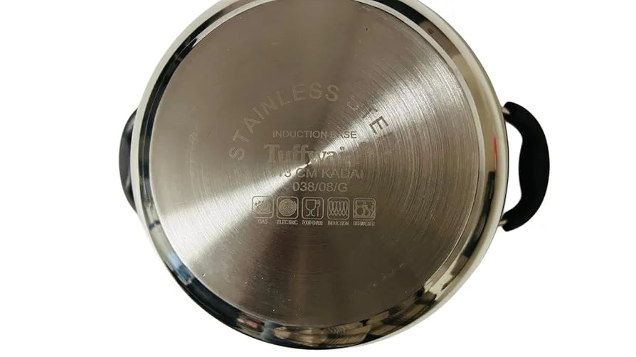 Tuffwaire Stainless Steel Heavy Bottom Kadhai|Three Layer Impact Forged SAS Bottom|Durable|Soft Touch Handles|2.5L|Silver | Induction Friendly | Stainless Steel Kadai | Kadai For Cooking