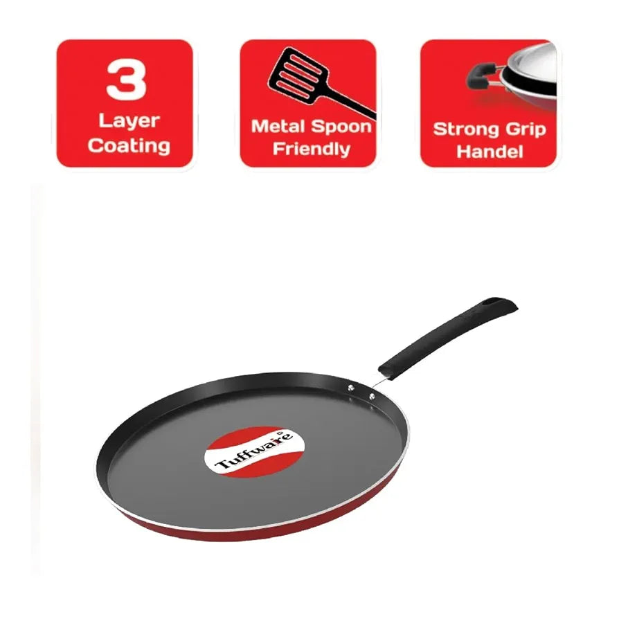 TUFFWARE Aluminium Non Stick Dosa Tawa - 26 cm | Flat Bottom Tawa | 3 mm Extra Thick | 3 Layer Non Stick Greblon Coating | Metal Spoon Friendly | Indcution & Gas Base | 1 Year Warranty