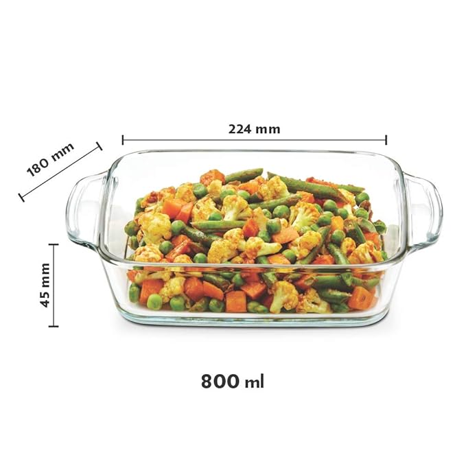 Borosil Square Glass Baking Dish With Handle | Microwave Safe & Oven Safe | 800 Ml | Transparent