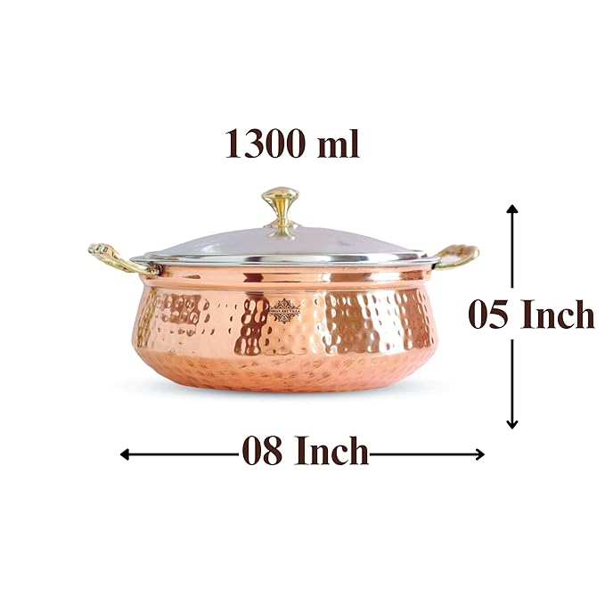 Indian Art Villa Steel Copper Hammered Design Handi casserole With Glass Lid