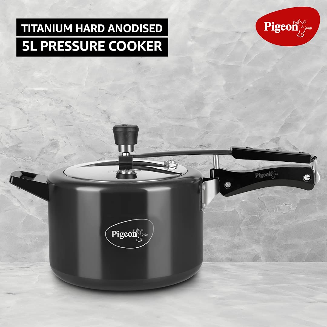 Pigeon by Stovekraft Titanium Induction Base Inner Lid Hard Anodised Aluminium Pressure Cooker Black